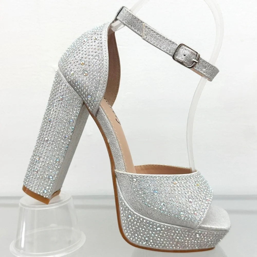 Silver Rhinestones Open Toe Platform Heels